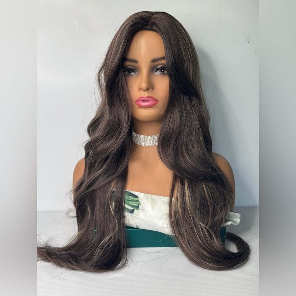 Long Wavy Brown Wig with Highlights – Natural Looking Heat Resistant Synthetic - Picture 3 of 11